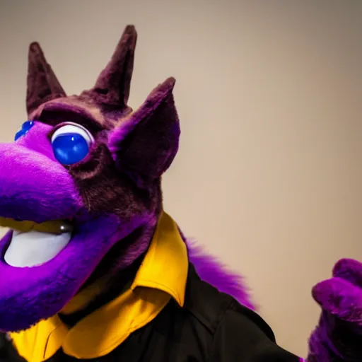 Prompt: A bust photograph taken at a furry convention of a purple dog fursuit with alien antennas