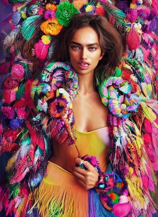 Prompt: beautiful portrait of Irina Shayk wearing fantastic Hand-dyed cotton dress,embellished beaded feather decorative fringe knots ,colorful pigtail,subtropical flowers and plants,symmetrical face,Pantone,intricate,elegant,highly detailed,8k,post-processing,digital painting,trending on pinterest,harper's bazaar,concept art, sharp focus, illustration, by artgerm,Tom Bagshaw,Lawrence Alma-Tadema,greg rutkowski,alphonse Mucha