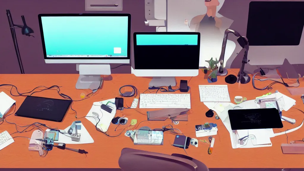 Prompt: the desk of a famous web designer working with apple computer, stylized retro minimalist design, loftis, cory behance hd, by moebius, makoto shinkai and lois van baarle, ilya kuvshinov, rossdraws global illumination