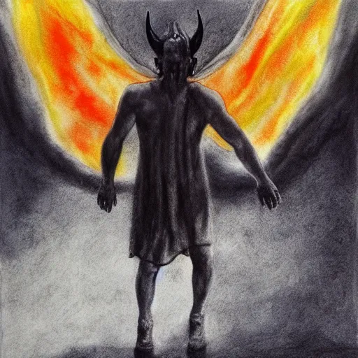 Image similar to the devil being cast down from heaven charcoal and water color masterpiece painting, hyperrealism, 4 k