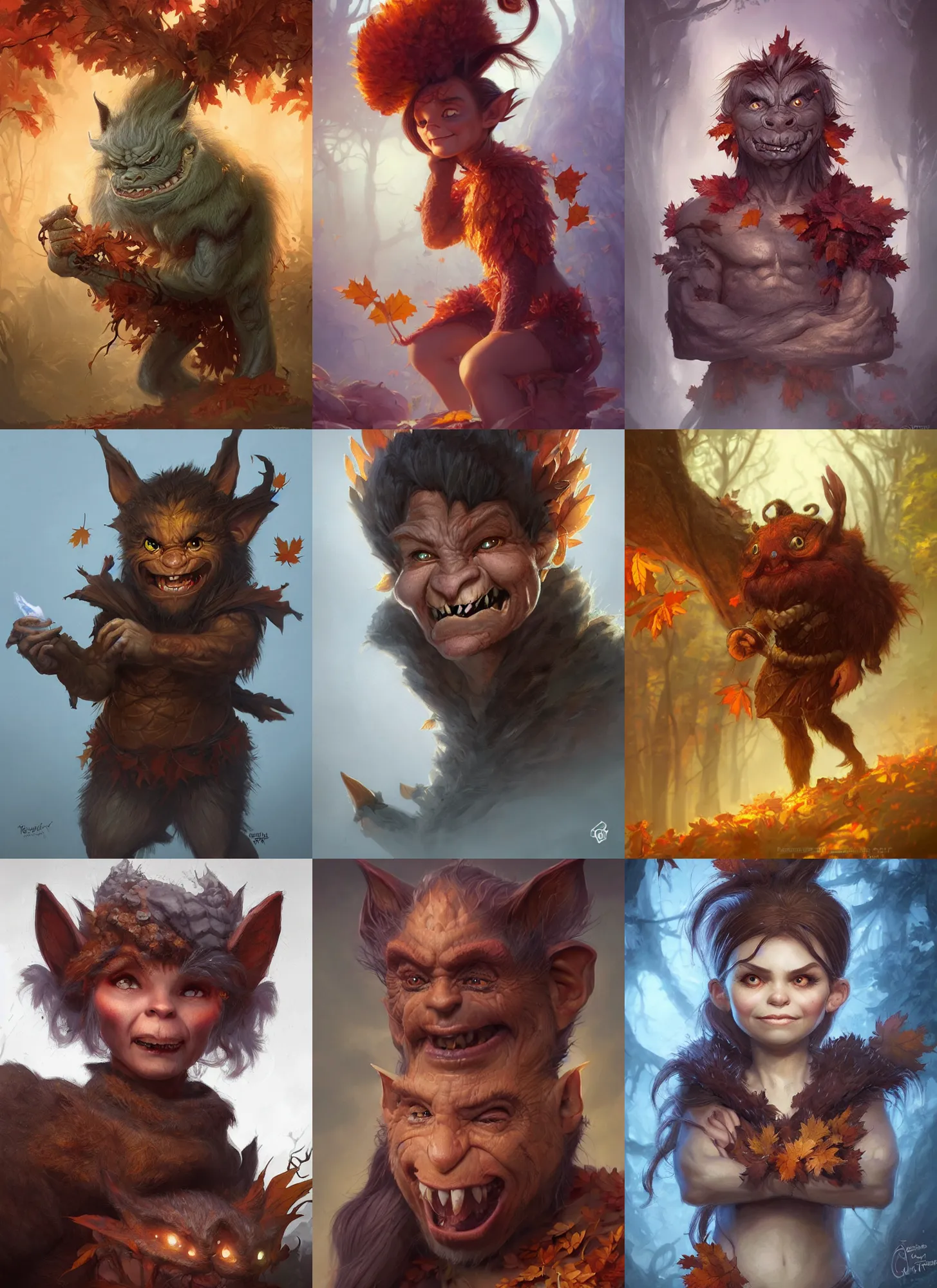 Prompt: cute autumnal troll, d & d, fantasy, portrait, highly detailed, digital painting, trending on artstation, concept art, sharp focus, illustration, art by artgerm and greg rutkowski and magali villeneuve