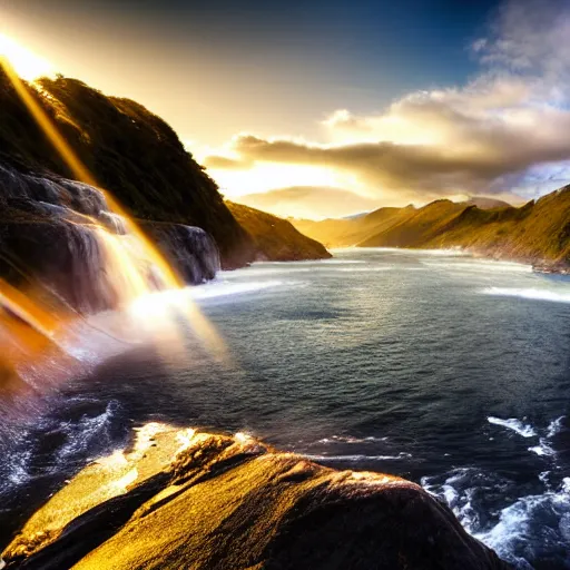 Prompt: new zealand sound, epic landscape photography, low camera angle, shot from water, waterfall, golden hour, god rays, wide shot