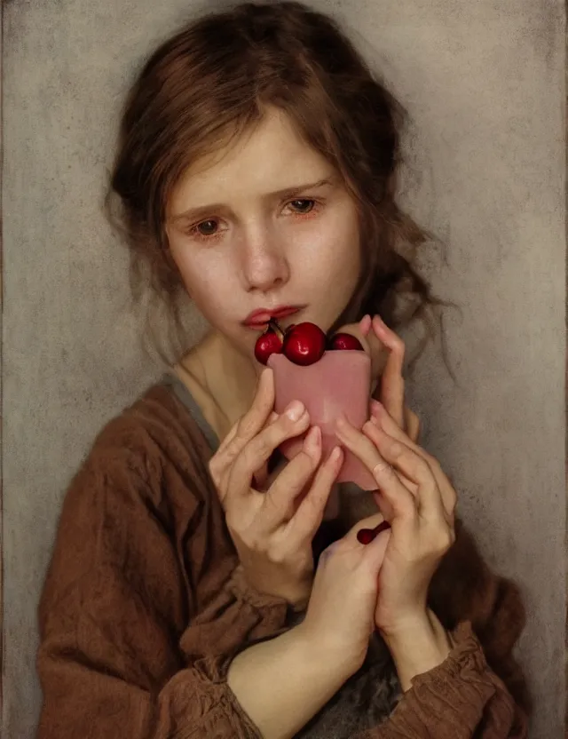 Prompt: peasant girl eating cherry, portrait, cottage core, cinematic focus, polaroid photo bleached vintage pastel colors high - key lighting, soft lights, foggy, by steve hanks, by lisa yuskavage, by serov valentin, by tarkovsky, 8 k render, detailed, oil on canvas