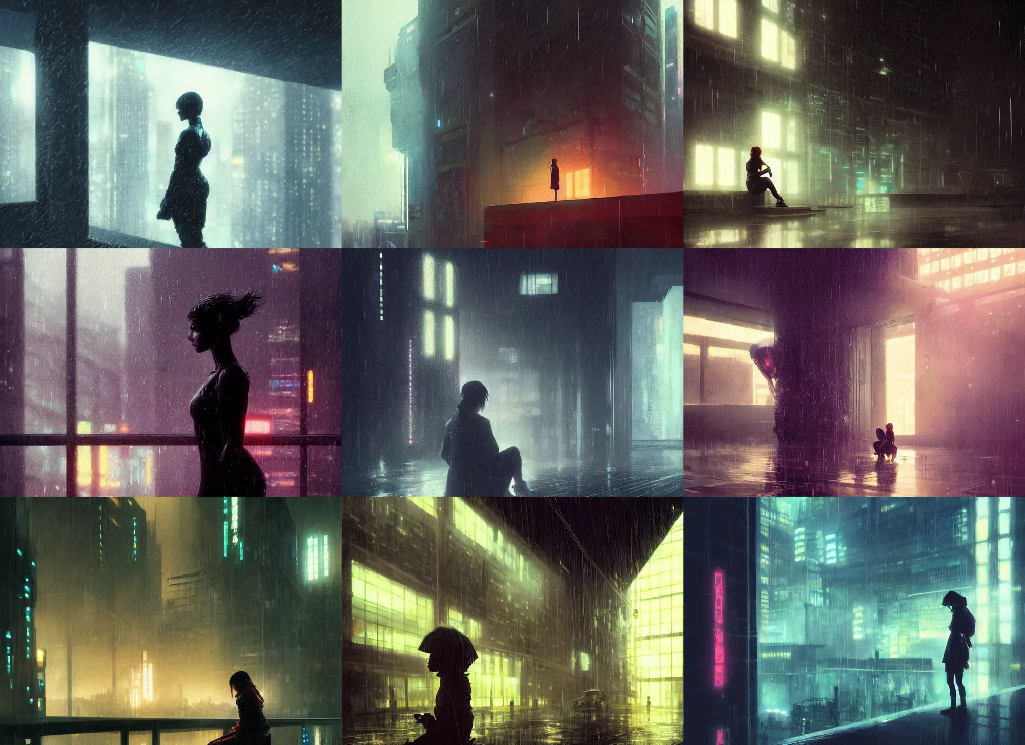 Prompt: silhouette of a female sitting against a building, rainy, cyberpunk, blade runner, futuristic, intricate, sharp focus, lens flare, bloom, illustration, highly detailed, digital painting, concept art, matte, art by ruan jia and wlop and greg rutkowski, masterpiece