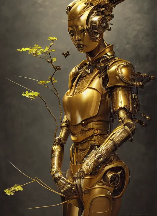 Image similar to portrait of a futuristic geisha cyborg with golden body armor holding a ecosphere with a plant inside, modern fine art, fractal, intricate, elegant, highly detailed, digital photography, subsurface scattering, by jheronimus bosch and greg rutkowski,