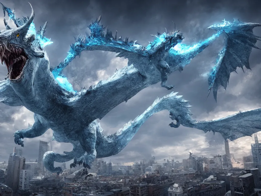 Prompt: a colossal ice wyvern destroying the city, epic composition, large scale, unreal engine 5, octane render, digital art, sharp focus, trending on artstation, action pose