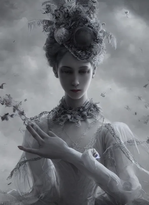 Image similar to picture generation, soft painting curiosities carnival, beautiful prima ballerina in full long dress, accurate features, focus, very intricate ultrafine details, black white purple volumetric clouds, award winning masterpiece, octane render 8 k hd, tom bagshaw artstyle