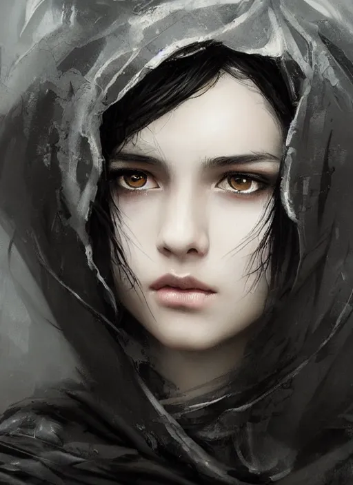 Image similar to a teenage girl with very short black hair and a huge cloak made of grey and black strips. mist swirls around her. beautiful highly detailed face. beautiful painting by artgerm and greg rutkowski and raymond swanland