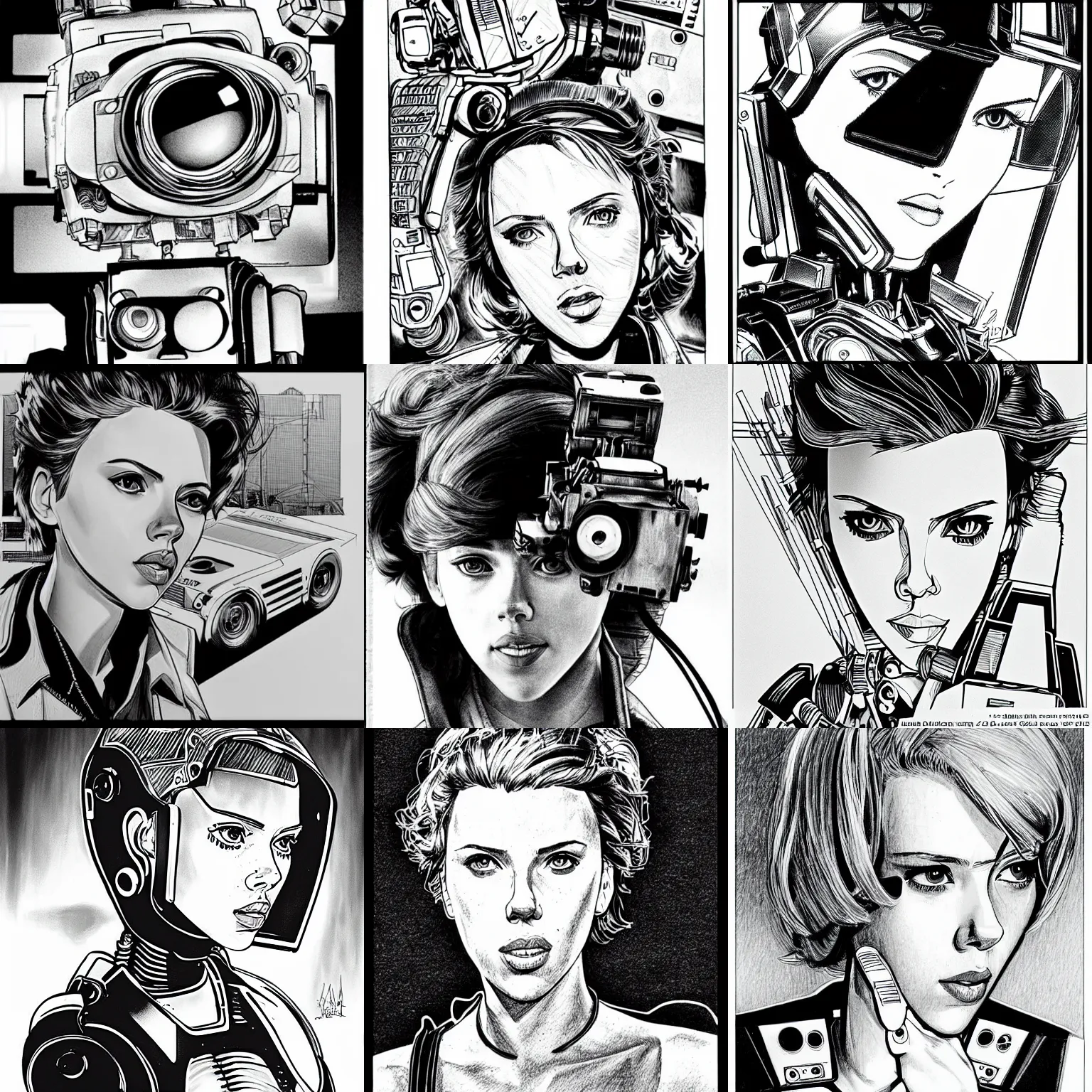 Prompt: scarlett johansson as johnny 5 in short circuit movie, black and white, dynamic angle, pencil and ink manga, elegant, highly detailed, dramatic lighting