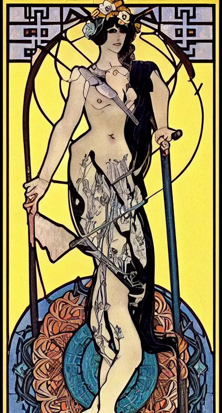 Prompt: a tarot card of death with a scythe, standing on a pile of bones. illustrated in an art deco style by tamara de lempika and an elegant border by alphonse mucha. | studio lighting | digital painting, stunning lighting, trending on artstation