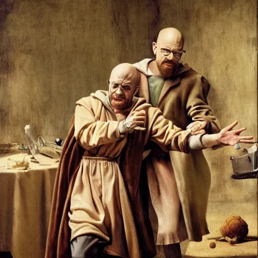 Image similar to walter white and jesse pinkman, renaissance painting, highly detailed