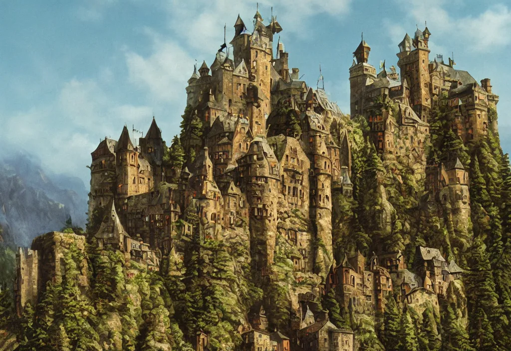 Prompt: enormous medieval castle on top of a tall narrow mountain, photorealistic, high detail, kodak portra 4 0 0