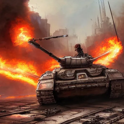 Prompt: comic book style tank on a burning bridge, NATO, high-tech, heroic, low angle, urban background, highly detailed, high quality, artstation, concept art, sharp focus, illustration, art by artgerm and greg rutkowski and magali villeneuve, red brown and white color scheme, high quality