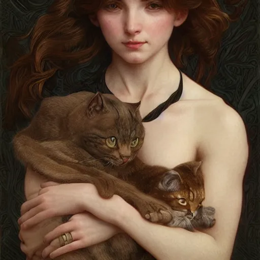 Image similar to portrait of a psych girl with her mad cat, intricate, elegant, highly detailed, digital painting, artstation, concept art, smooth, sharp focus, illustration, art by artgerm and greg rutkowski and alphonse mucha and william - adolphe bouguereau