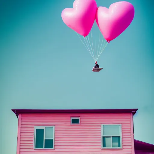 Image similar to a 5 0 mm lens photograph of a cute pink floating modern house, floating in the air between clouds, inspired by the movie up, held up from above by heartshaped ballons. mist, playful composition canon, nikon, award winning, photo of the year