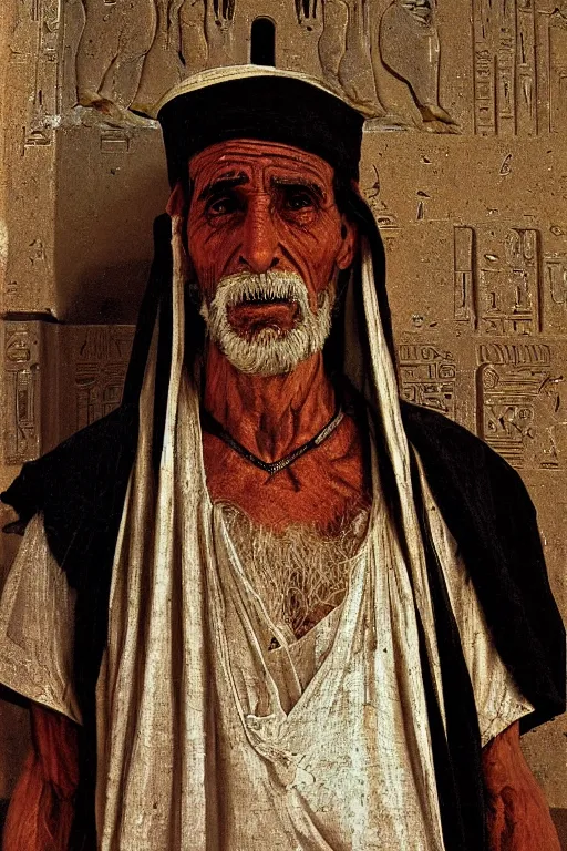 Prompt: a closer personal portrait of a a very old egyptian temple priest with very piercing eyes, very charismatic. in the old ancient temple of luxor. masterpiece, dark. painted by norman rockwell and james gurney