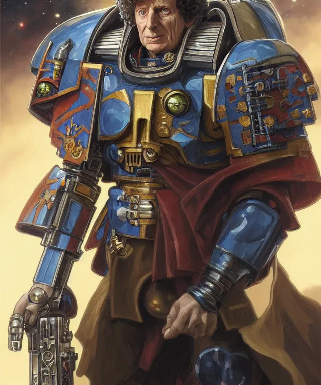 Image similar to Tom Baker Doctor Who as Warhammer 40k Space Marine, portrait, fantasy, intricate, elegant, highly detailed, digital painting, artstation, concept art, smooth, sharp focus, illustration, art by artgerm and greg rutkowski and alphonse mucha