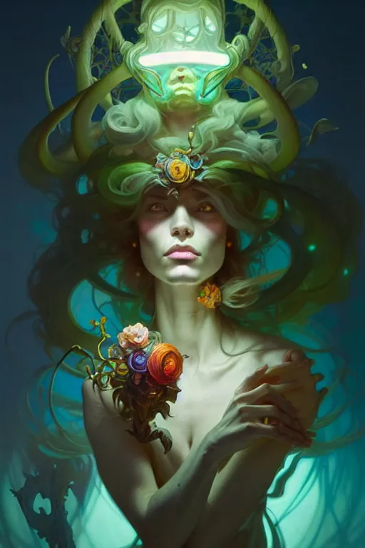 Prompt: portrait, bioluminescent druid, elegant baroque, asymmetrical art, hyperrealism, colorful, vivid, imposing, epic, digital painting, artstation, concept art, by peter mohrbacher and wlop and rhads and artgerm and magali villeneuve and alphonse mucha