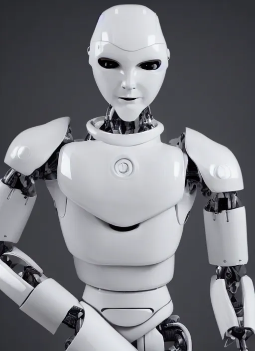 Prompt: 'futuristic white ceramic humanoid robot male with a handsome face and muscular body'