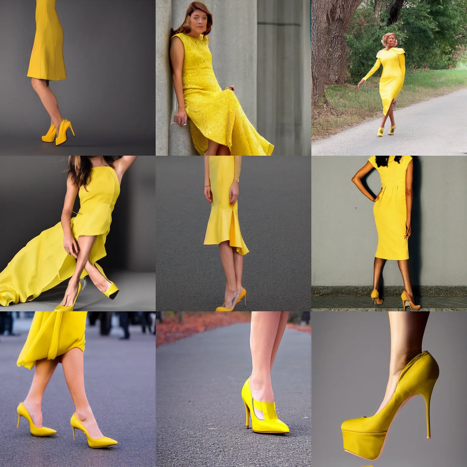 Prompt: photo of an elegant yellow woman's dress with leg visible wearing a high heel