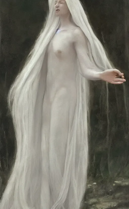 Image similar to say who is this with silver hair so pale and wan! and thin!? female angel, wearing white robes flowing hair, pale fair skin, you g face, silver hair, covered!!, clothed!! lucien levy - dhurmer, fernand keller, oil on canvas, 1 8 9 6, 4 k resolution, aesthetic!, mystery