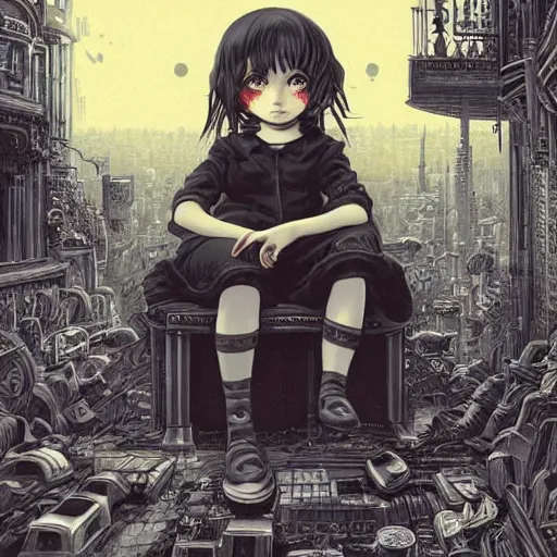 Image similar to young sad victorian gothic manga child with big eyes and wide grin sitting on a sofa of bones surrounded by a cyber futuristic cityscape made of human body parts, digital matte illustration by dan mumford, ultra detailed, 8 k resolution, beautiful lighting, expansive detailed layered city, landscape