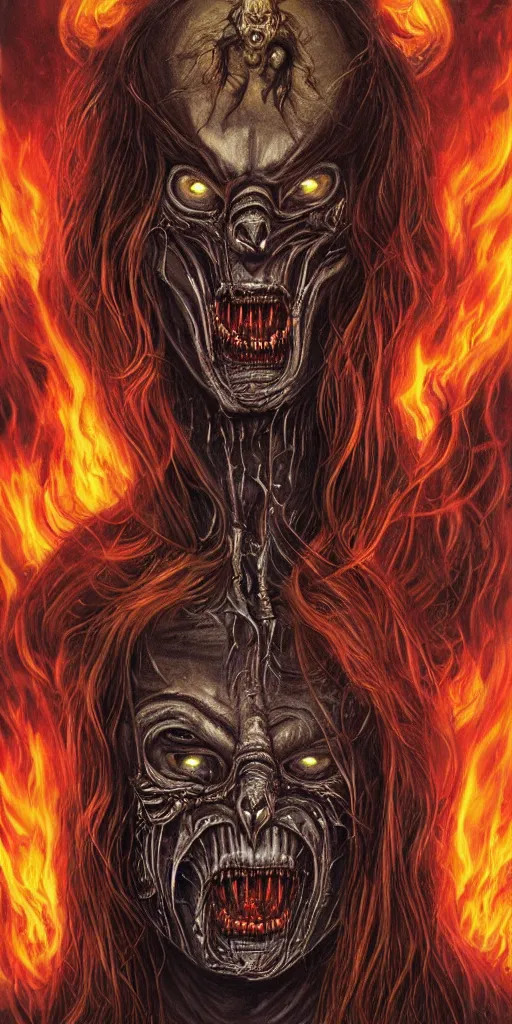 Prompt: giger doom demon portrait of a handsome satanic brown haired hippie with long hair and blue eyes, fire and flame, Pixar style, nightmare fuel, by Tristan Eaton Stanley Artgerm and Tom Bagshaw.