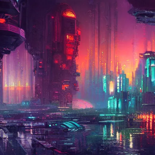 Image similar to a Stunning painting of A Great cyberpunk city on the sea by Paul Lehr,concept art,hyper detailed,digital art,highly realistic,8K Resolution