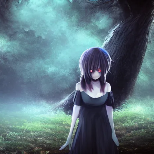 Image similar to plasma body, anime spectral female character, emerge from big old creepy tree, mist aura, black eyes melt, full body portrait, photorealistic,