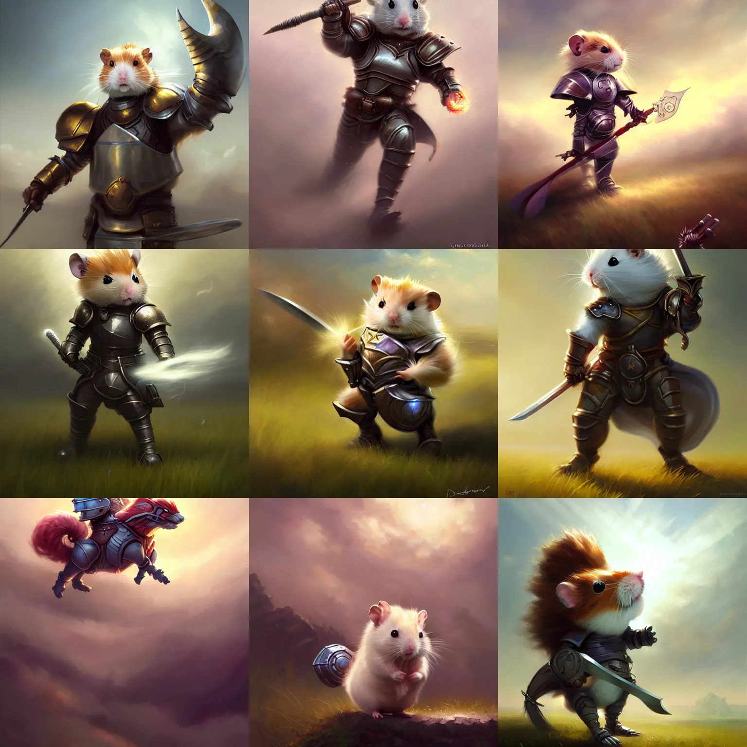 Prompt: Cloud Champion Hamster knight roaming the windswept field dave dorman edson campos christopher young jeff simpson allison carl hiro izawa paul chadeisson, epic fantasy, digital painting