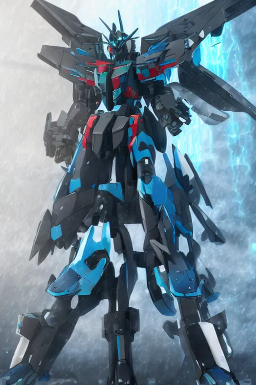 Image similar to Azure Wolf wolf GUNDAM on a futuristic cyberpunk city under heavy rain, cinematic lighting, Lightning arc plasma, symmetric full body azure GUNDAM mecha, GUNDAM wing style armor, GUNDAM armor, samurai armor, mortar heads, mech suit, full body armor, lamellar armor, exoskeleton, post processing, ultra detailed, trending on artstation