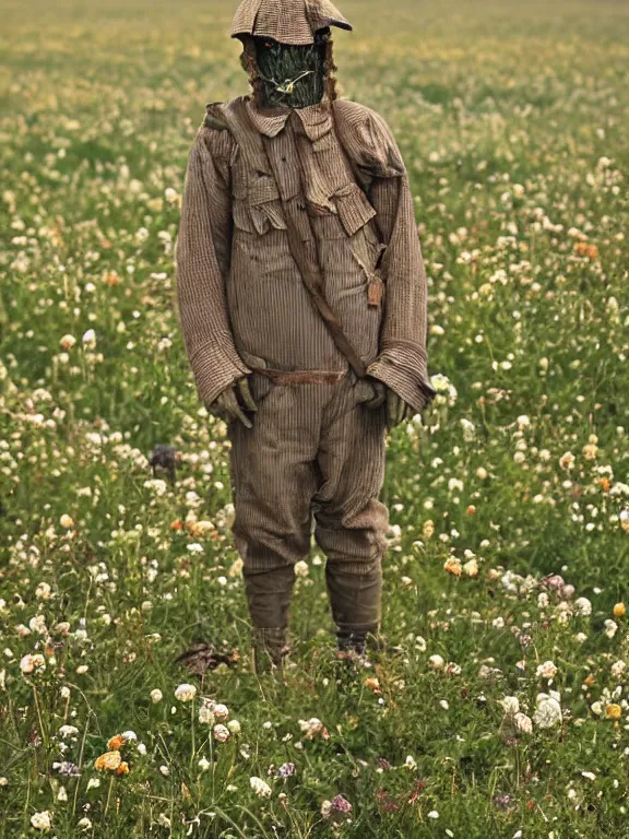 Image similar to human-like scarecrow wearing torn military clothes in beautiful meadow of flowers, ww1 photo, grainy, high detail, high resolution,