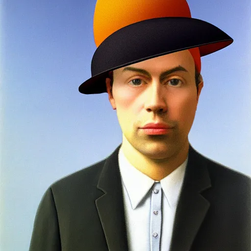 Prompt: portrait of a man wearing pants hat, realphoto render by rene magritte