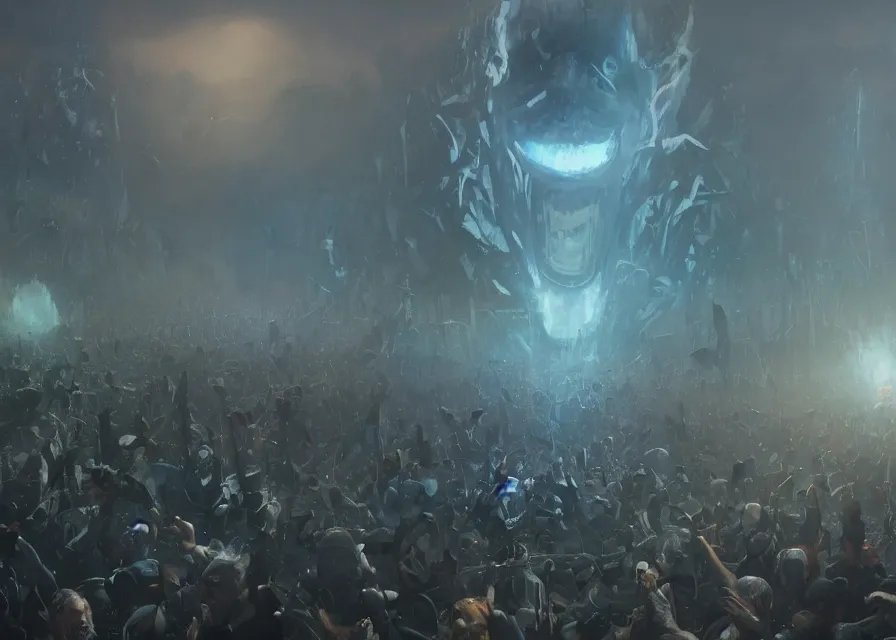 Image similar to large abstract painting of giant Joe Biden cosmic horror grinning at giant immense crowd of person army, trending on ArtStation, masterpiece, by Greg Rutkowski, by Ross Tran, by Fenghua Zhong, octane, lightbeam eyes, soft render, clear facial features, oil on canvas,, moody lighting, cinematic, professional environment concept art