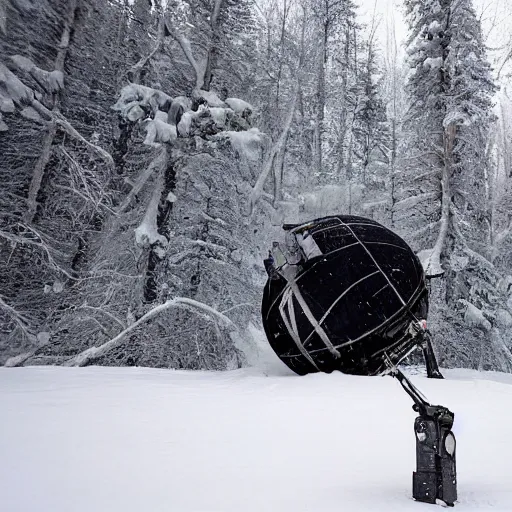 Prompt: big satellite debris scattered in snow open plane in a forest in Canada, below zero, two reporters take photos, in the style of Simon Stalenhag