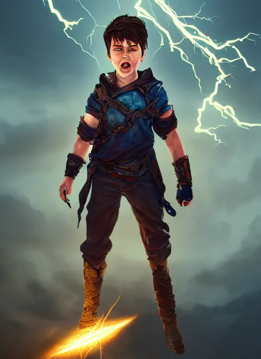 Image similar to An epic fantasy comic book style portrait painting of a young boy surrounded by lightning and power, unreal 5, DAZ, hyperrealistic, octane render, cosplay, RPG portrait, dynamic lighting