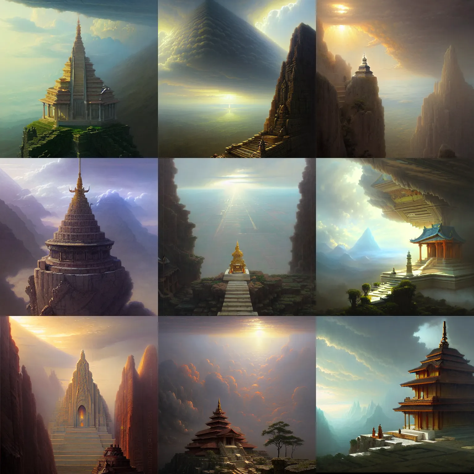 Prompt: a temple in the clouds, depth of view, wide perspective by greg rutkowski and james gurney