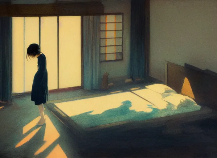 Image similar to famous japanese actress girl seeing the shadow of her desires on the bed of abandoned nightmare house with a light from a window creating dreams, style of James Jean, Edward Hopper, Francis Bacon, colors of Mark Rothko, Frank Auerbach, trending on artstation, Greg Rutkowski, dark atmosphere