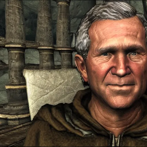 Image similar to “ george w bush as a skyrim npc, with dialogue options, in - game screenshot ”