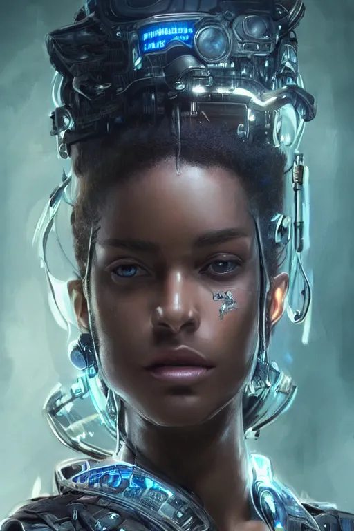 Prompt: ultra realistic illustration, dappled lighting, closeup portrait shot, perfect lighting, hacknaut cyberpunk, sci - fi, fantasy, intricate, elegant, deviantart, highly detailed, digital painting, artstation, concept art, black person, smooth, sharp focus, illustration, art by artgerm and greg rutkowski and alphonse mucha