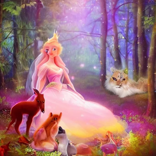 Image similar to A beautiful experimental art of Princess Aurora singing in the woods while surrounded by animals. She looks so peaceful and content in the company of the animals, and the colors are simply gorgeous. colorful lighting by Jeannette Guichard-Bunel harrowing