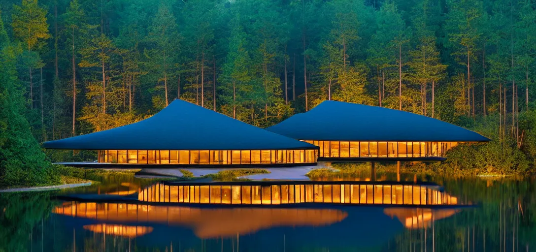 Prompt: curved roof planes lift and descend creating shade and architectural expression, highly detailed, situated in the forest, next to a highly reflective lake, at dusk, vivid color, high resolution photography, mist, luxury
