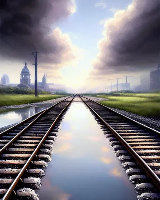 Image similar to shallow reflective water completely covers submerged train tracks as a girl carries her shoes, there is a train station in the distance and large white clouds on a wide horizon, intricate, elegant, highly detailed, digital photo, artstation, concept art, smooth, sharp focus, art by artgerm and greg rutkowski and fra angelico