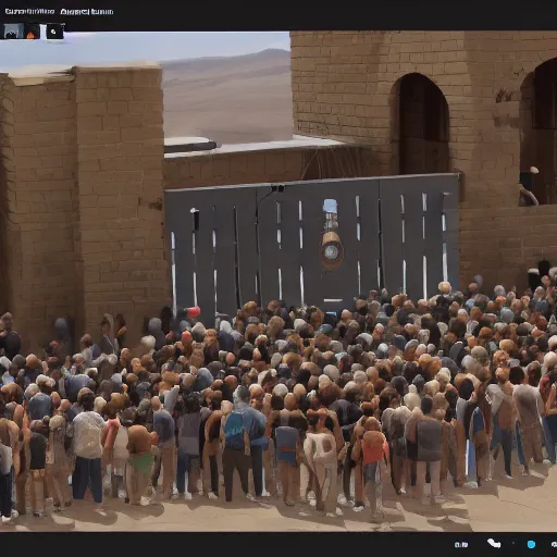 Prompt: large millennial crowd in front of a | prison! locked down government security military gate | in the hot desert trending on artstation digital paint 4 k render