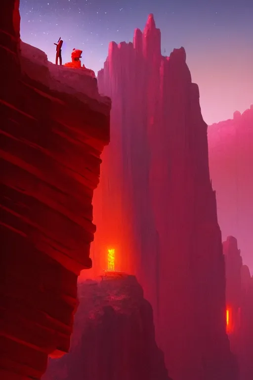 Image similar to ancient red glowing temple overlooking a canyon, shooting stars in the sky, dramatic lighting, artstation, matte painting, ralph mcquarrie, simon stalenhag