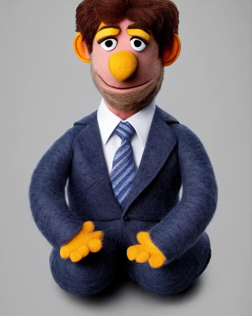 Image similar to jim halpert as a muppet. highly detailed felt. hyper real photo. 4 k.