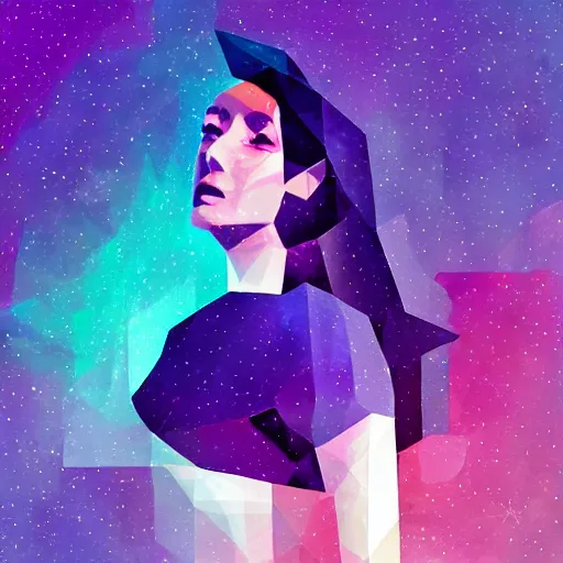 Prompt: an low poly watercolor illustration of a girl with an old printer in deep space, flat synthwave art style, lavender purple