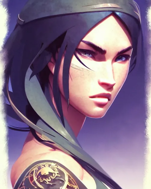 Image similar to azctec warrior, megan fox, detailed perfect face, exquisite details, fire magic, mid view, design on a white background, by studio muti, greg rutkowski makoto shinkai takashi takeuchi studio ghibli