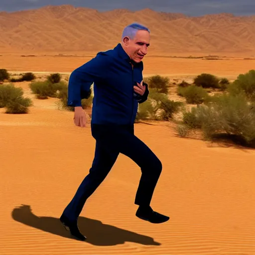 Image similar to benjamin netanyahu running in the middle of the desert, highly realistic, golden lighting, 8 k, cinematic, detailed