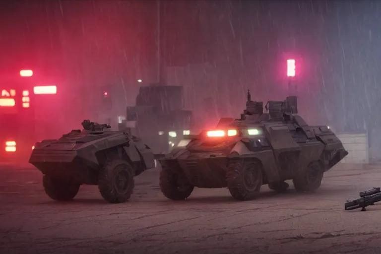 Image similar to vfx film, blade runner 2 0 4 9 futuristic soldiers shoot at enemy robots futuristic war, battlefield war zone, shootout, running, shooting, explosion, leaping, flat color profile low - key lighting award winning photography arri alexa cinematography, big crowd, hyper real photorealistic cinematic beautiful, atmospheric cool colorgrade